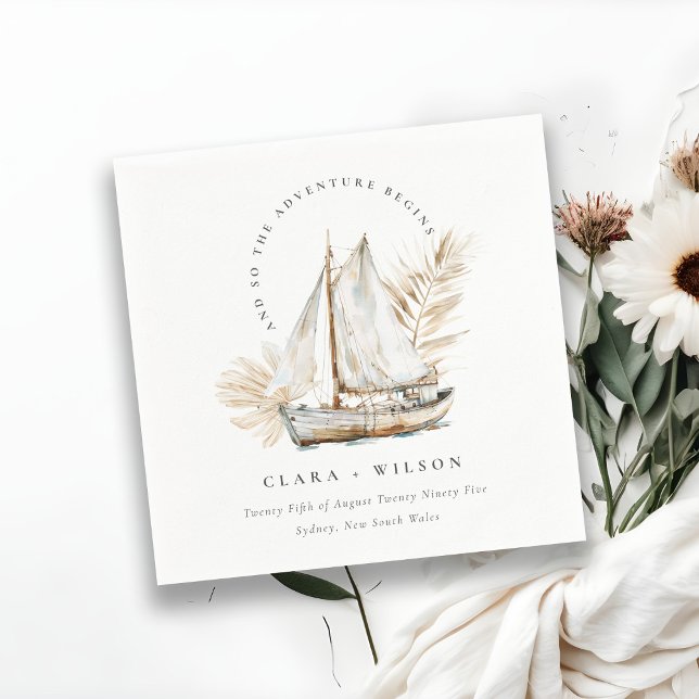 Boho Watercolor Palm Sailboat Seascape Wedding  Napkin (Creator Uploaded)