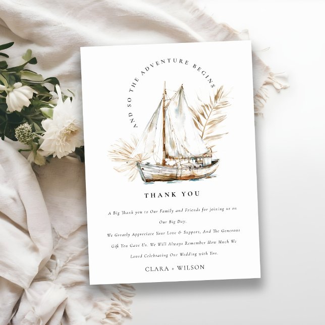 Boho Watercolor Palm Sailboat Seascape Wedding  Thank You Card (Creator Uploaded)