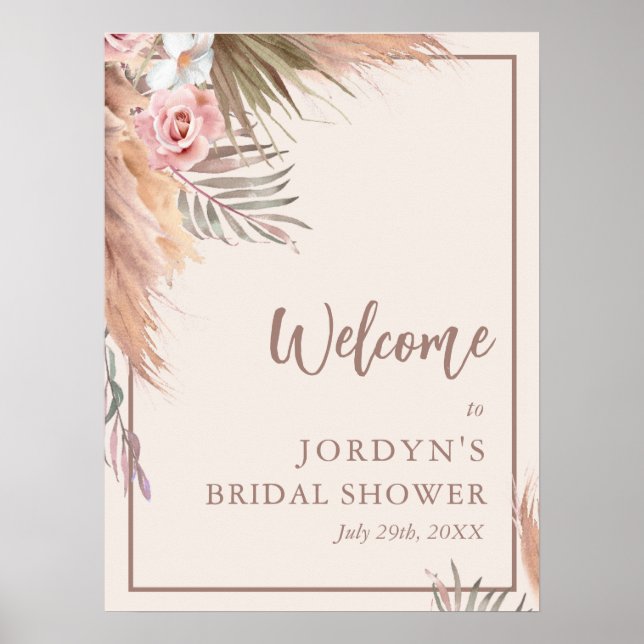  Boho Watercolor Pampas Grass Bridal Shower Poster (Front)