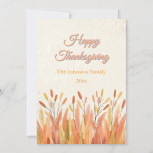 Boho Watercolor Pampas Grass & Rustic Thanksgiving Holiday Card