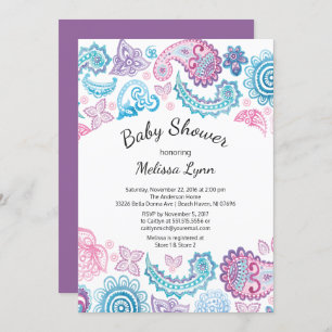 Boho Watercolor Pink Blue Paisley Baby Shower Invitation