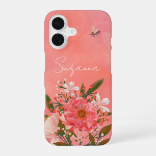 Boho Watercolor Pink Coral Florals Script Name iPhone 16 Case