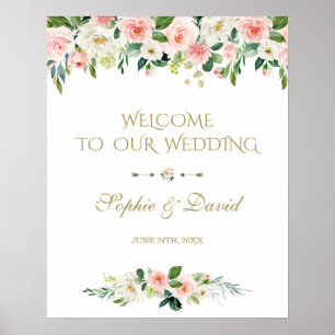 Boho Watercolor Pink Floral Welcome Wedding Sign