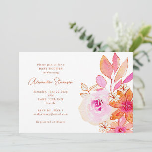 Boho Watercolor Pink Orange Flowers Baby Shower Invitation