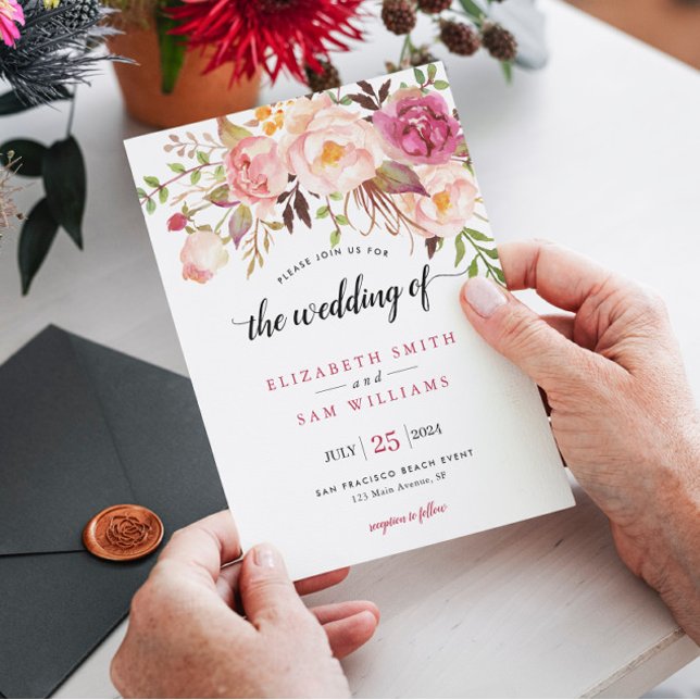 Boho Watercolor Pink Peony Floral Rustic Wedding Invitation (Creator Uploaded)
