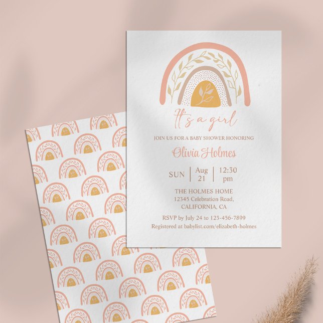 Boho Watercolor Pink Rainbow Baby Shower Invitation (Boho Watercolor Pink Rainbow Baby Shower Invitation on a pale pink table.)