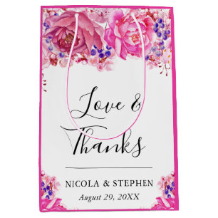 Boho Watercolor Pink Roses Wedding Medium Gift Bag