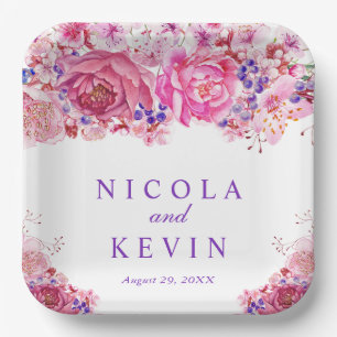 Boho Watercolor Pink Roses Wedding Paper Plate
