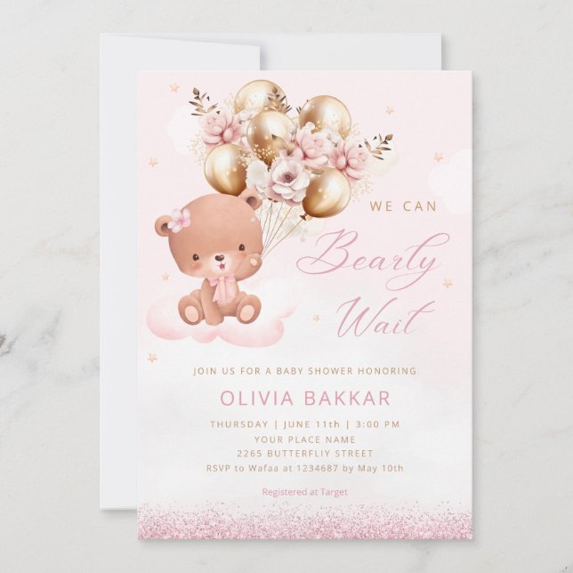 Boho Watercolor Pink Teddy Bear Girl Baby Shower Invitation (Front)