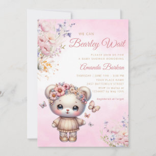 Boho Watercolor pink Teddy Bear Girl Baby Shower Invitation