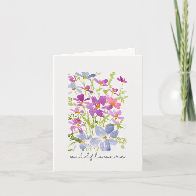 Boho Watercolor Pink Wildflower Note Card (Front)