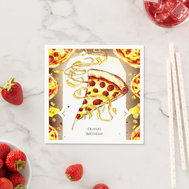 Boho Watercolor Pizza Birthday Napkin (Insitu)