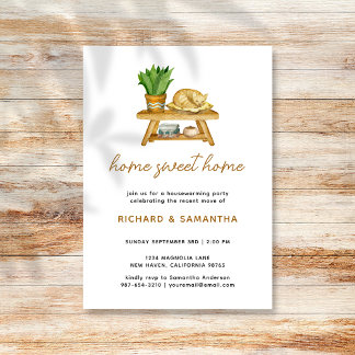 Boho Watercolor Plants Cat Housewarming Invitation