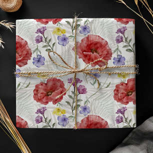 Boho Watercolor Poppies & Wildflower Pattern Wrapping Paper Sheet