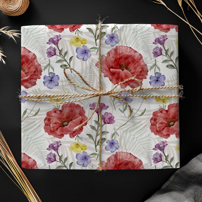 Boho Watercolor Poppies & Wildflower Pattern  Wrapping Paper Sheet (Creator Uploaded)