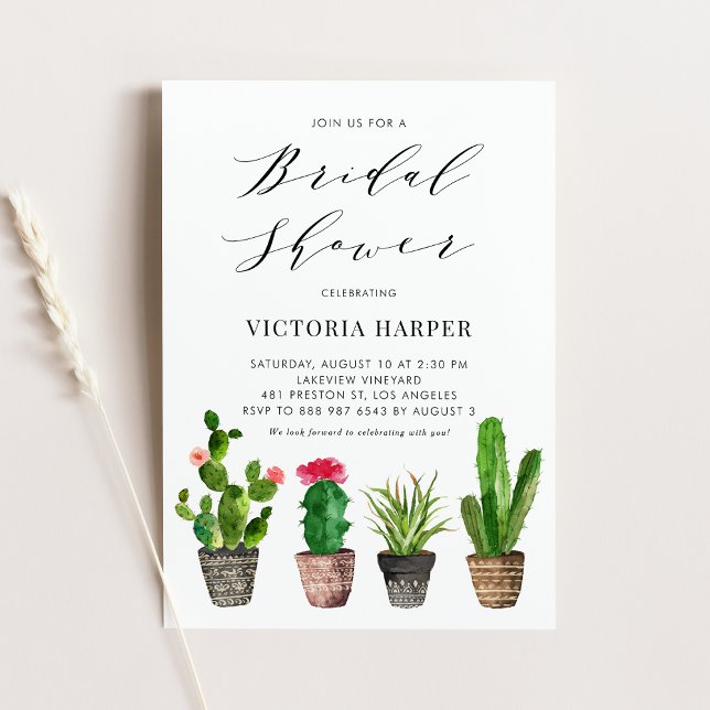 Boho Watercolor Potted Cactus Bridal Shower Invitation (Creator Uploaded)