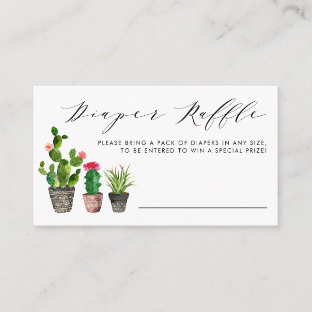 Boho Watercolor Potted Cactus Diaper Raffle Game Enclosure Card (Front)