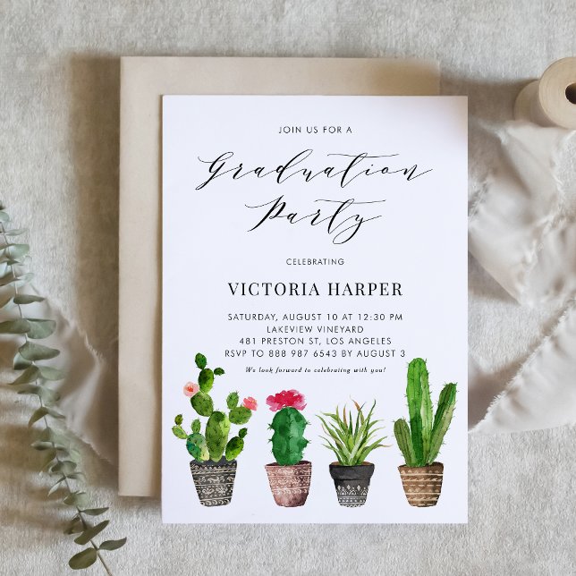 Boho Watercolor Potted Cactus Graduation Party Invitation (Creator Uploaded)