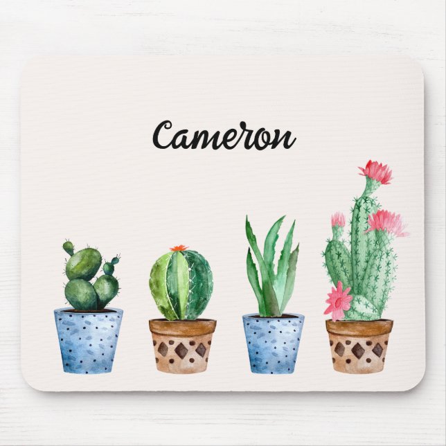 Boho Watercolor Potted Cactus & Succulents Custom Mouse Pad (Front)