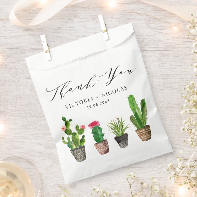 Boho Watercolor Potted Cactus Wedding Thank You Favour Bags (Clipped)