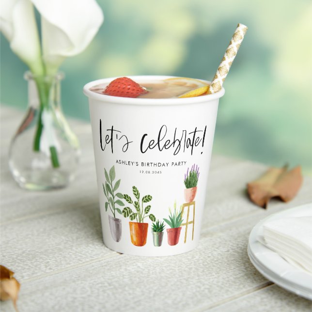 Boho Watercolor Potted Houseplants Birthday Paper Cups (Insitu)