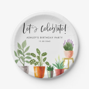 Boho Watercolor Potted Houseplants Birthday Paper Plate