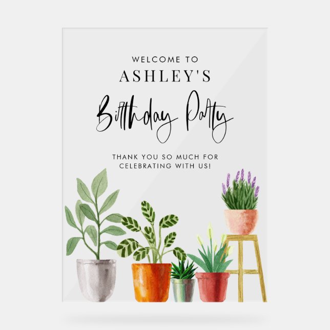 Boho Watercolor Potted Houseplants Birthday Party Acrylic Sign (Front)