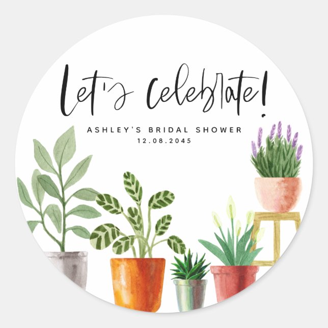 Boho Watercolor Potted Houseplants Bridal Shower Classic Round Sticker (Front)