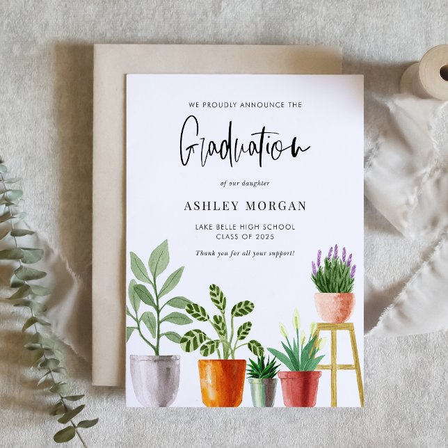 Boho Watercolor Potted Houseplants Graduation Announcement (Customizable boho graduation announcement featuring watercolor potted houseplants. )