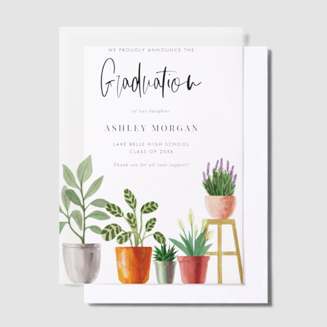 Boho Watercolor Potted Houseplants Graduation Vellum Invitations (Offset)