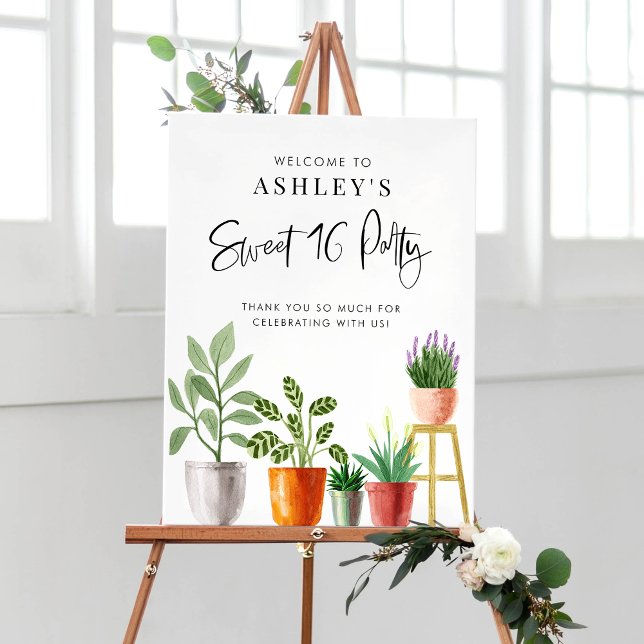 Boho Watercolor Potted Houseplants Swet 16 Party Poster (Boho Watercolor Potted Houseplants Swet 16 Party Poster)