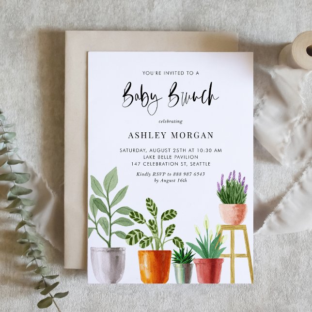 Boho Watercolor Potted Plants Baby Brunch Invitation (Customizable boho baby shower brunch invitation featuring watercolor potted houseplants. )