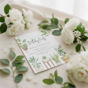 Boho Watercolor Potted Plants Birthday Party  Invitation