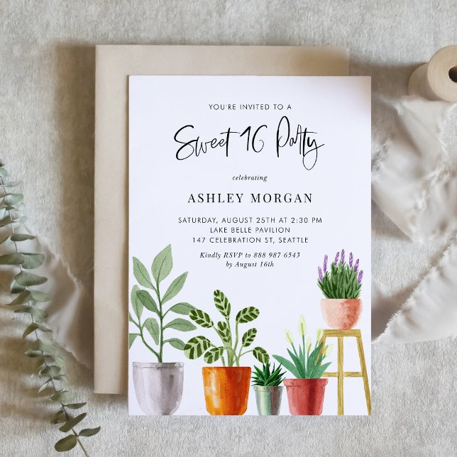 Boho Watercolor Potted Plants Sweet 16 Party Invitation (Customizable boho sweet sixteen party invitation featuring watercolor potted houseplants. )