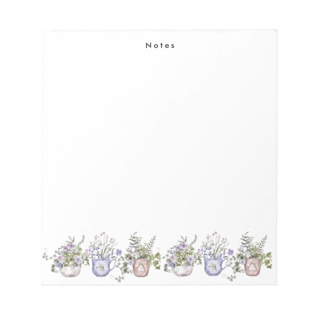 Boho Watercolor Potted Purple Wildflowers Custom Notepad (Front)