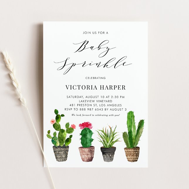 Boho Watercolor Potted Succulents Baby Sprinkle Invitation (Creator Uploaded)