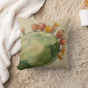 Boho Watercolor Prickly Pear Cactus Fruit  Cushion