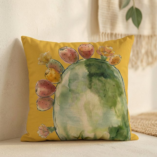 Boho Watercolor Prickly Pear Cactus Fruit  Cushion (Creator Uploaded)