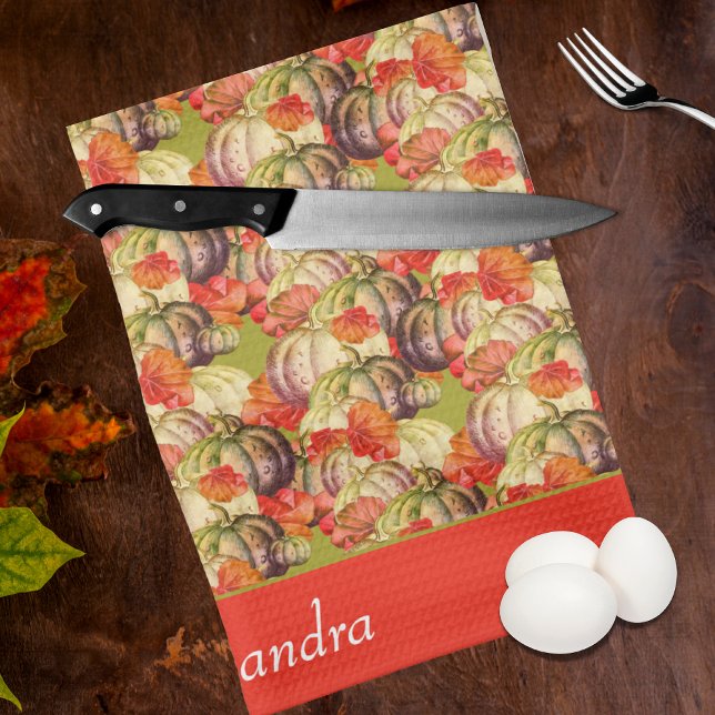 BOHO Watercolor Pumpkin Fall Thanksgiving  Tea Towel (Creator Uploaded)