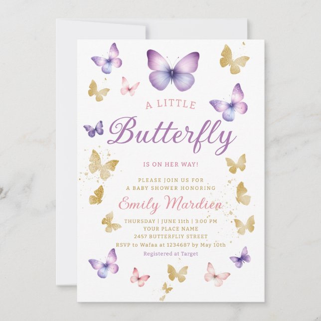 Boho Watercolor purple Butterfly Girl Baby Shower  Invitation (Front)