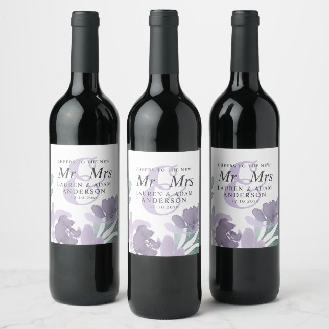 Boho Watercolor Purple Florals Wedding  Wine Label (Bottles)