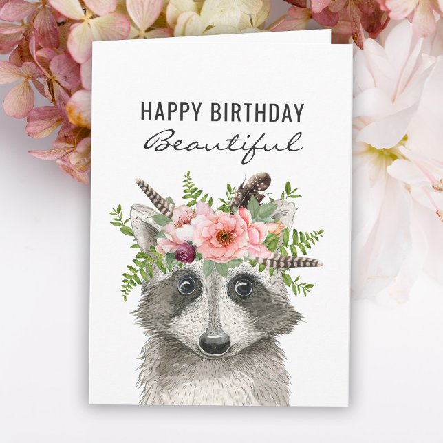 Boho Watercolor Racoon Happy Birthday Card (Creator Uploaded)
