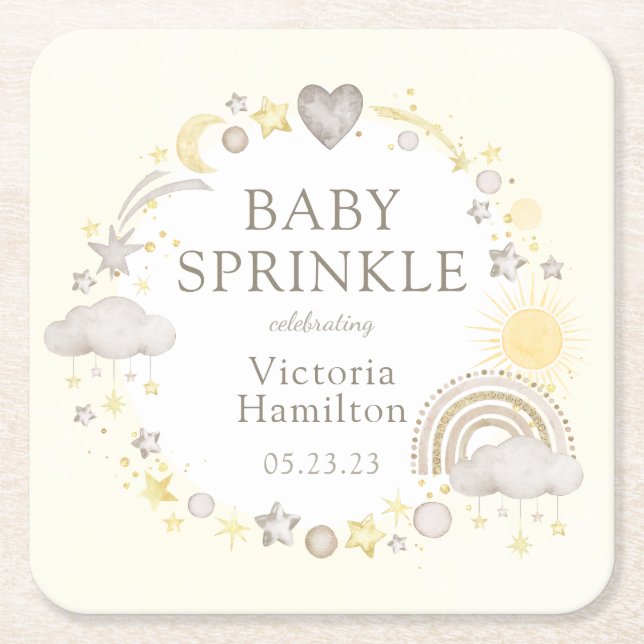 Boho Watercolor Rainbow Baby Sprinkle Square Paper Coaster (Front)