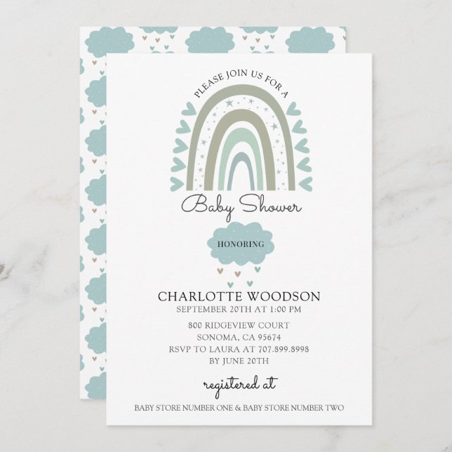 Boho Watercolor Rainbow Blue Baby Boy Shower Invit Invitation (Front/Back)