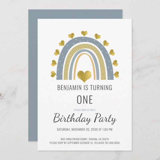 Boho Watercolor Rainbow Boy Blue First Birthday  Invitation (Front/Back)