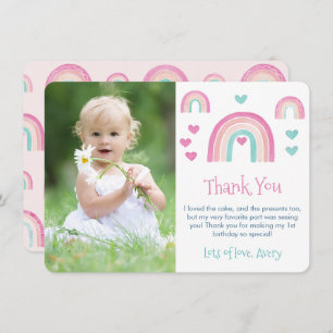 Boho Watercolor Rainbow Girl Birthday Picture Thank You Card