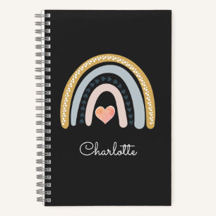 Boho Watercolor Rainbow Kid's Personalised Black Notebook