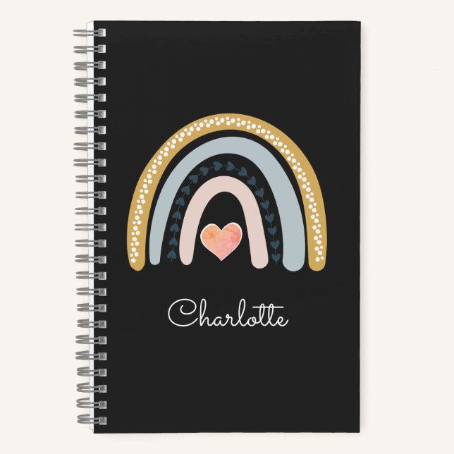 Boho Watercolor Rainbow Kid's Personalised Black Notebook (Front)