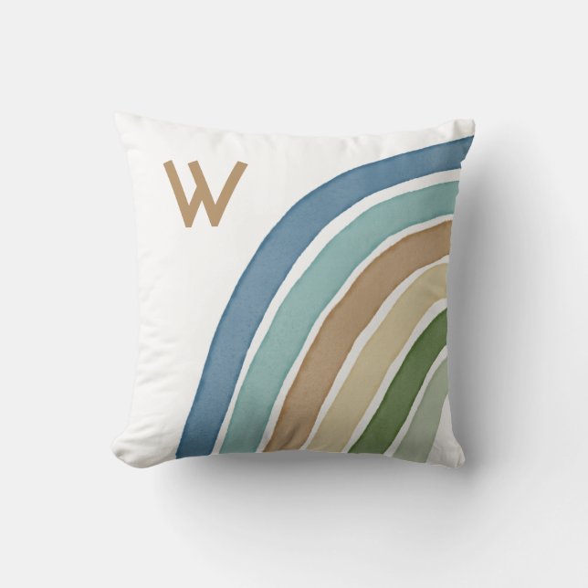 Boho Watercolor Rainbow Monogram Modern Blue Throw Cushion (Front)