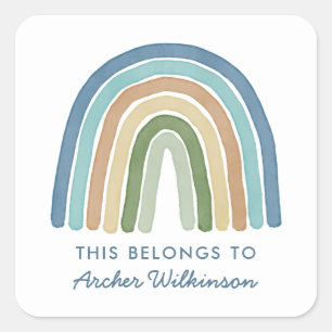 Boho Watercolor Rainbow Name School Label Blue